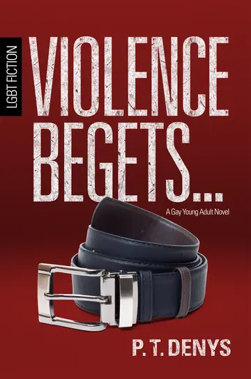 Violence Begets... book cover: a leather belt on a red background